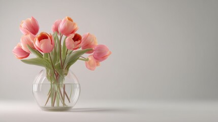 Fototapeta premium Peach tulips in a clear glass bowl against a light grey background