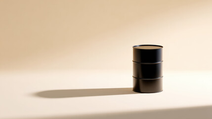 Oil barrel casting long shadow on beige background symbolizing oil price impact on economy and industry