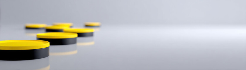 Oil price concept with yellow and black round tokens on reflective surface showing economic impact and market trends