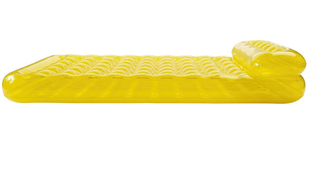 Isolated yellow inflatable air mattress, pool float or bed for beach or camping sleepovers