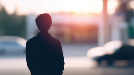 Silhouette of man standing outdoors at sunset with blurred car and building background showing oil price impact