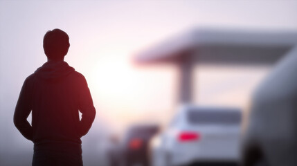 Person stands near gas station at sunset with cars waiting in line reflecting on oil price changes and daily life