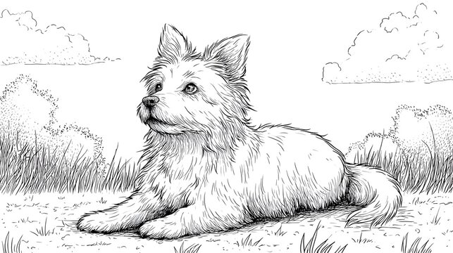 Cute outdoor themed dog illustration with clean monochrome line art, minimal details, and playful cartoon style designed for easy coloring