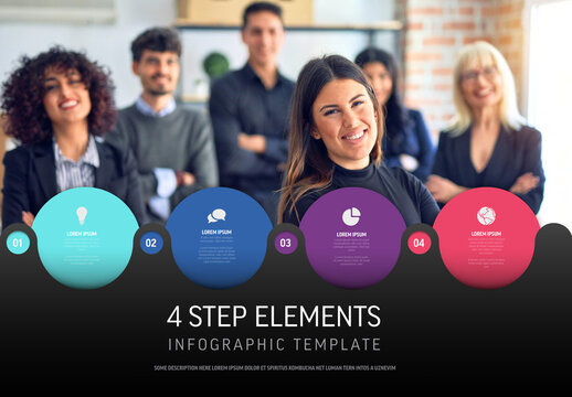 Business Team with 4 Step Elements Infographic Template with Big Backgroun Photo Placeholder