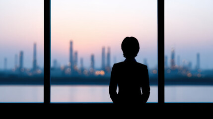 Silhouette person window industrial refinery sunset oil price business industry factory power energy dusk horizon sky