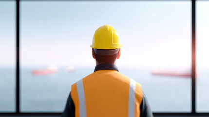 Oil price impact seen by worker in safety vest and helmet watching ships at sea from window