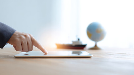 Finger touching tablet with ship and globe in background showing oil price concept for shipping and trade