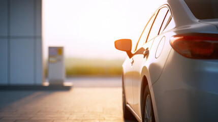 Car at gas station with sunset light reflecting on body showing oil price impact on fuel cost and travel budget