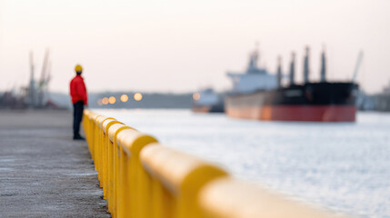 Worker red jacket and yellow helmet stands near yellow railing by harbor with cargo ship background during sunset oil price