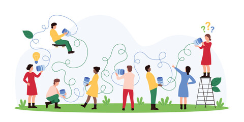 Fototapeta premium Vector illustration of tiny people using bush telegraph for communication, emphasizing traditional methods, creativity, and teamwork in relaying messages.