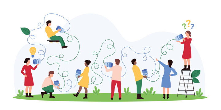 Vector illustration of tiny people using bush telegraph for communication, emphasizing traditional methods, creativity, and teamwork in relaying messages.