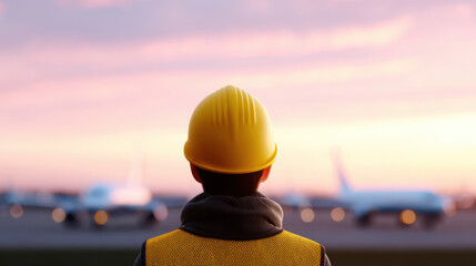 Construction worker wearing yellow helmet and vest watches airplane on runway at sunset with oil price impact