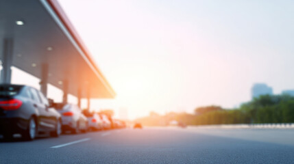 Fuel station car oil price concept with vehicles waiting in line for refueling on sunny day with bright light