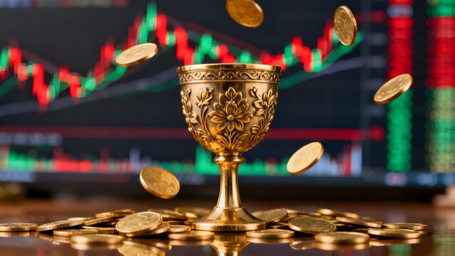 Golden chalice with coins falling into it, set against a financial stock chart background