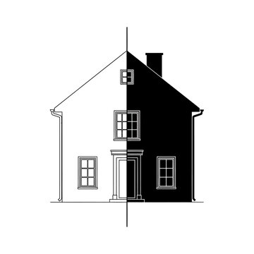 Minimalist split house icon representing day and night contrast