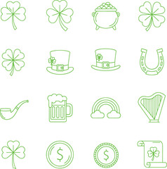 Obraz premium St Patricks Day icons set with shamrocks leprechaun hat pot of gold horseshoe pipe beer rainbow harp coins and scroll symbols of Irish luck and culture