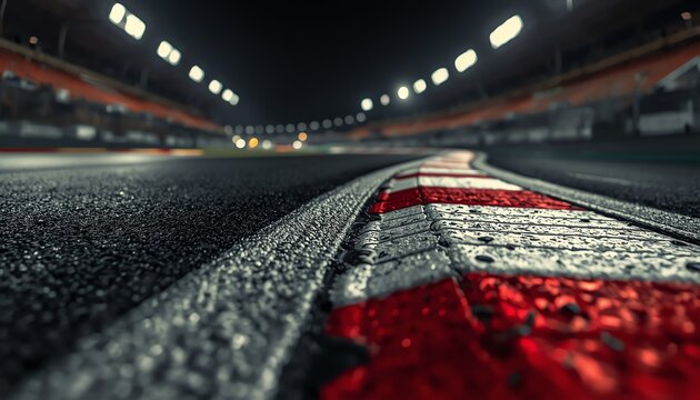 Dramatic low-angle night shot of a race track featuring sharp focus on textured asphalt and red and white striped curb, with blurred stadium lights illuminating empty grandstands in the background.