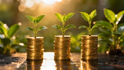 Stacks of golden coins with growing plants on top, symbolizing financial growth and investment in nature.