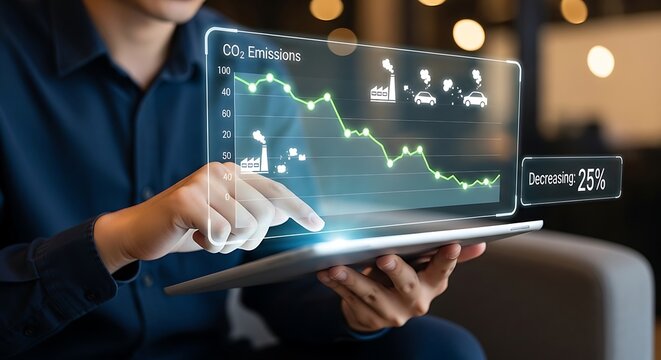 Environmental analyst using tablet with virtual dashboard showing CO2 emissions decrease for sustainability goals