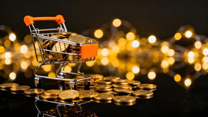 Mini shopping cart filled with gold coins on a reflective surface with bokeh lights in the background