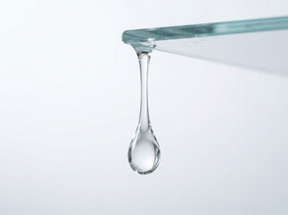 Clear Water Drop Dripping from Glass Edge on Minimal White Background