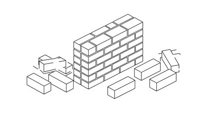 Isometric line art drawing of a brick wall being built with several individual bricks scattered around the base in a technical style.