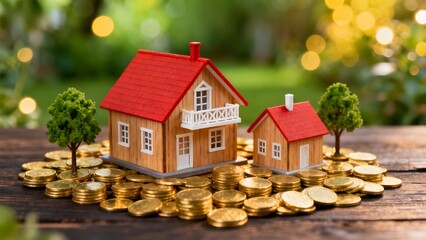 Miniature houses placed on stacks of golden coins with trees, symbolizing real estate investment and wealth.