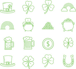 Obraz premium St Patricks Day icons set with shamrocks rainbow hat beer and coins symbols of good luck and celebration
