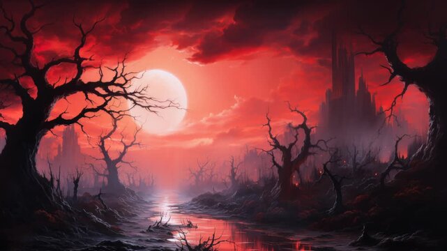 Dark fantasy landscape with red sky, full moon over dead forest and gothic castle silhouette. Horror movie production and Halloween marketing. Concept of apocalypse and mysterious danger atmosphere