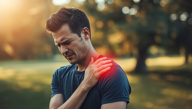 Man Experiencing Shoulder and Neck Pain with Red Glow - Health Injury Concept
 Perfect for healthcare marketing, pain relief products, and medical educational content.