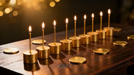 Row of lit golden candles on a wooden table with scattered coins, warm bokeh background
