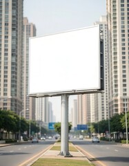 Obraz premium Billboard mockup. Blank white billboard. A large empty billboard stands on a busy street surrounded by tall modern buildings. The scene is urban and shows clear skies.