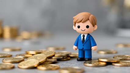 Miniature figurine of a businessman standing among scattered golden coins