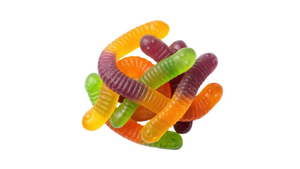 Isolated pile of mixed chewy gummy worms, popular colorful children's candy treat assortment