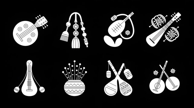 Silhouette vector art depicting assorted traditional Indian musical instruments and decorations.