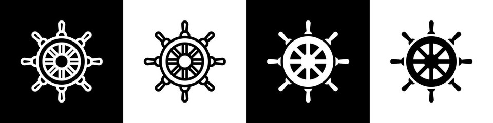 Ship Wheel Icon In Black And White Filled Style.