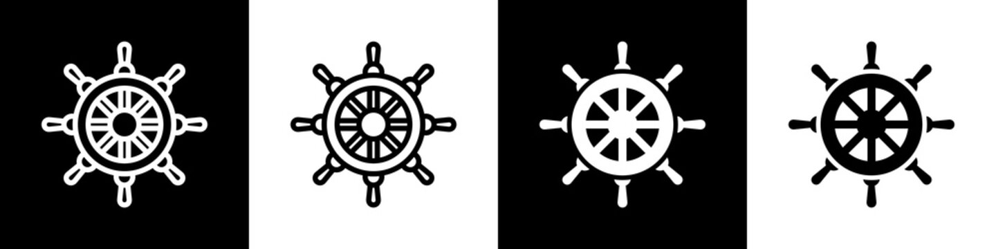 Ship Wheel Icon In Black And White Filled Style.