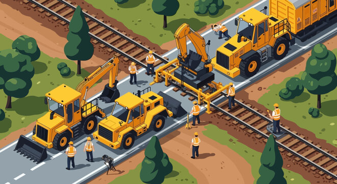 Isometric illustration of workers and heavy machinery repairing railroad tracks with trees and grass in the background.