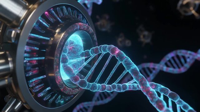 DNA helix emerging from a futuristic mechanical device, symbolizing biotechnology and genetic engineering
