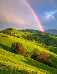 Fototapeta premium Regenbogen über Frühlingslandschaft