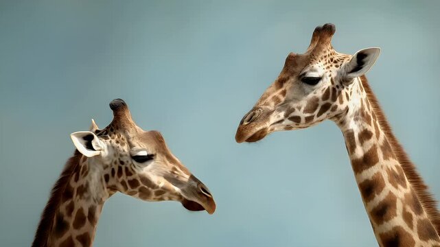 Romantic love theme for Valentines Day. Two giraffes affectionately kissing against a bright blue sky, their long necks intertwined as they share a tender moment of affection.