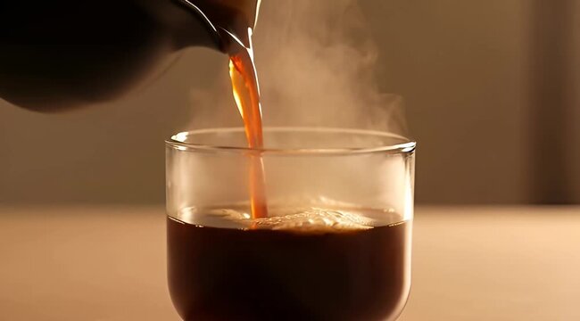 Pouring hot coffee into a clear glass with steam rising gracefully