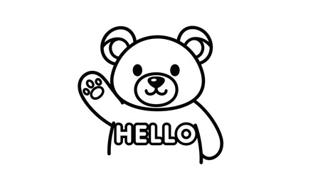 Obraz premium Cute cartoon bear face waving with 'HELLO' text, conveying a friendly and welcoming greeting on an isolated white background.
