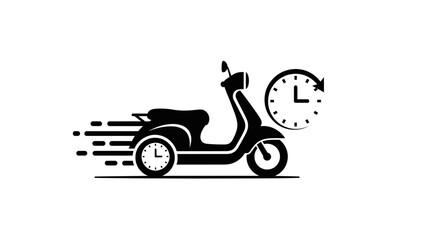 Fast delivery scooter with speed lines and a clock icon, on an isolated white background.