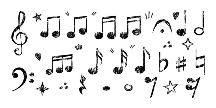 Set of grunge style music notes and musical symbols with textured crayon effect.