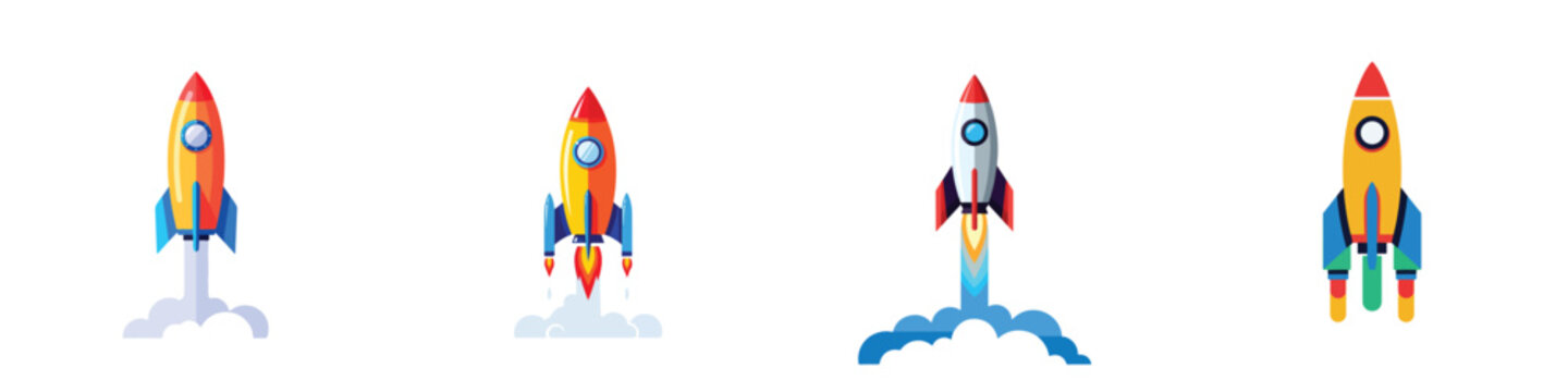 A rocket launching upward, flat design, single object composition, vector illustration, white background, solid bright colors