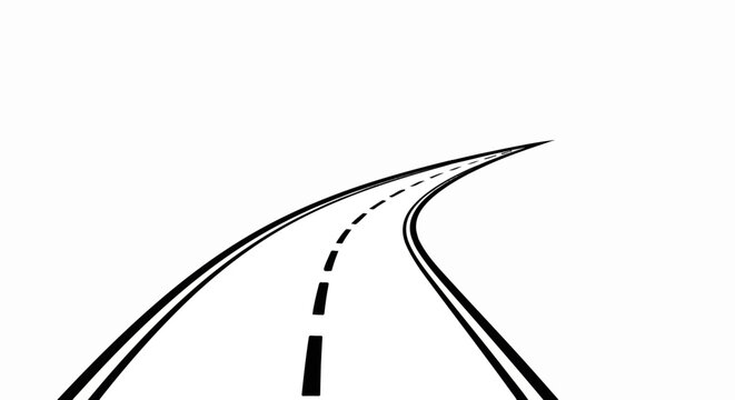 A stark black and white illustration of a curving road with dashed lines