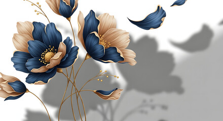 Contemporary wall decor art, abstract flowers with gold stems and droplets, deep blue and warm beige petals