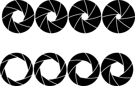 Camera shutter aperture icon set vector illustration featuring 8 circular designs showing progressive opening stages in photography motifs