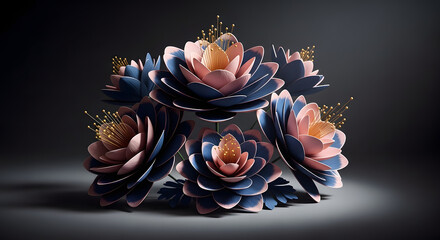 Glamorous botanical composition, sculpted paper flowers with golden filaments, navy and blush gradient petals